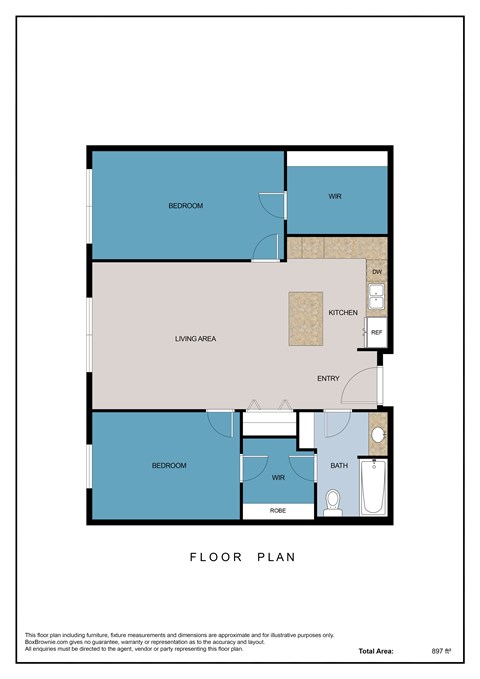 Floor plan for 2 beds, 1 bath, 897 sqft